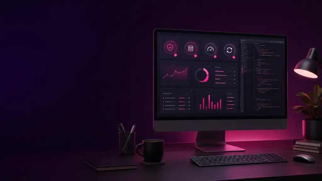 Painel de acompanhamento técnico de um site exibido em monitor