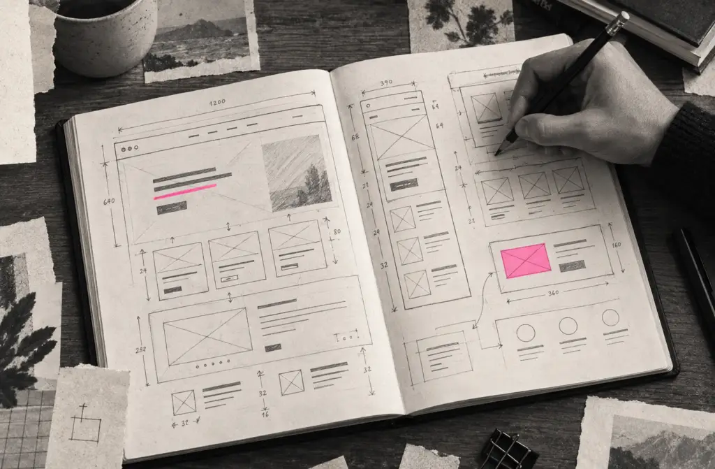 Esboços de interfaces digitais em papel, com anotações e marcações de layout