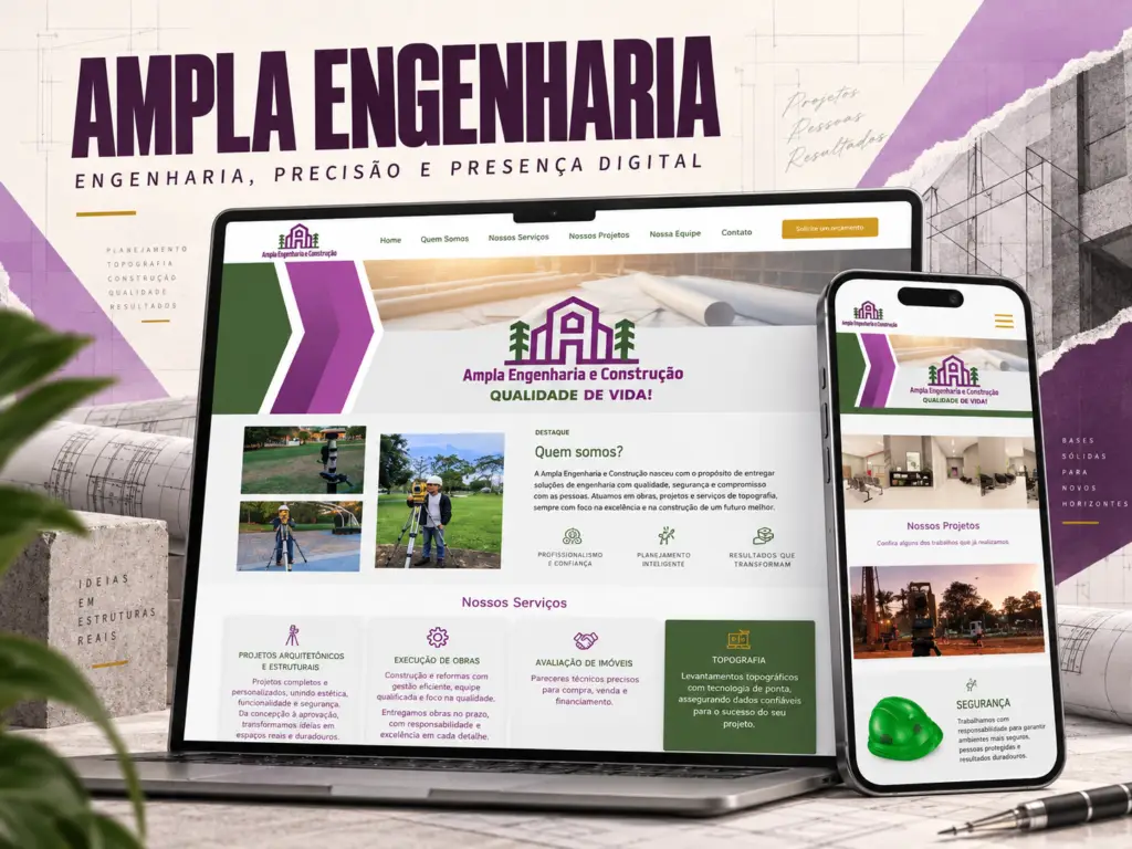 Apresentação do site da Ampla Engenharia e Construção em computador e celular